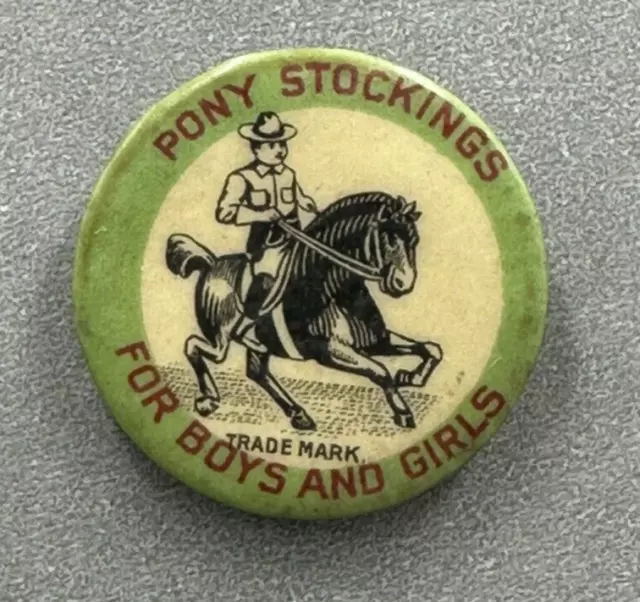 c 1910 PONY STOCKINGS Horse BOYS & GIRLS Advertising Celluloid PIN Antique