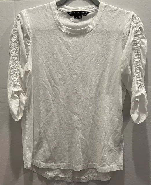 Veronica Beard Jean Womens Waldorf Tee 100% Cotton White Ruched Sleeve T Shirt M
