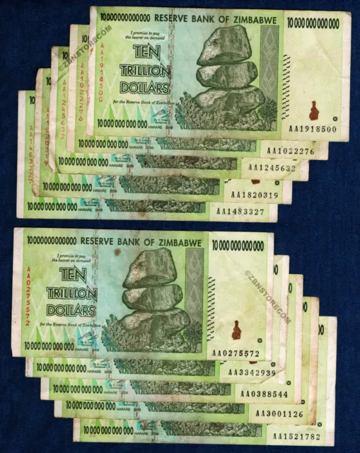 10 Trillion Zimbabwe Dollars x 10 Banknotes AA 2008 100 % Authentic Currency COA