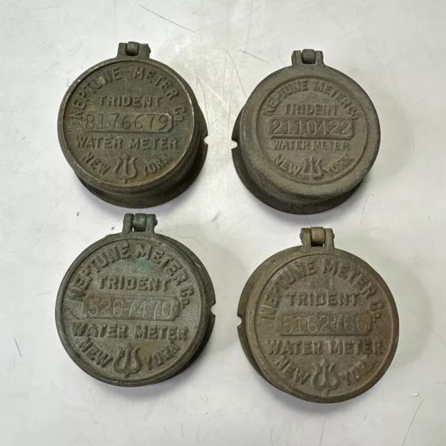 4 Pc. Lot Vintage Neptune Meter Co. - Trident Water Meter, New York- Brass Cover