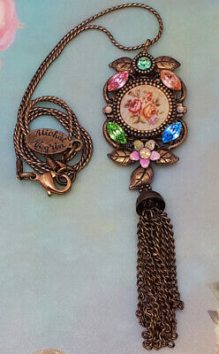 Michal Negrin Necklace Multicolor Roses Cameo Crystal Tassel Pendant Victorian