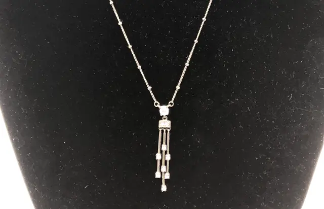 VINTAGE STERLING SILVER Cubic Zircon Fringe Necklace on Ball Bead Chain ...