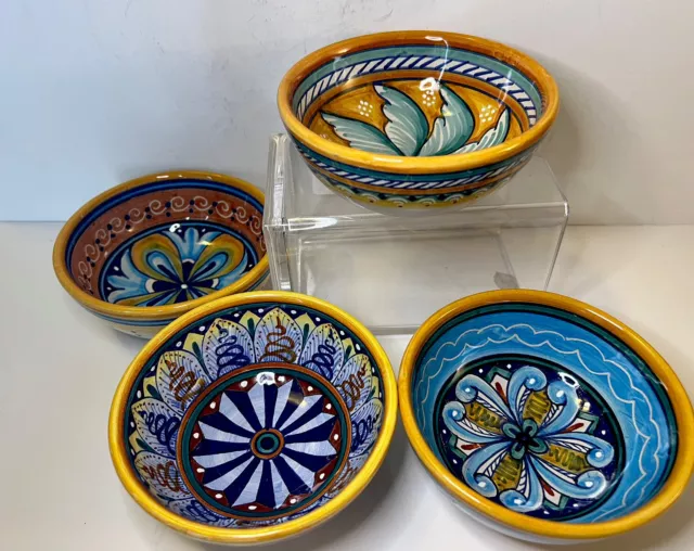 Italian Majolica Small Bowls (4) Signed Yellow Orange Blue Hand Made