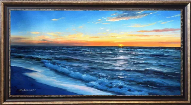 Extra large seascape "Sunset on the warm sea Italy" listed artist oil painting