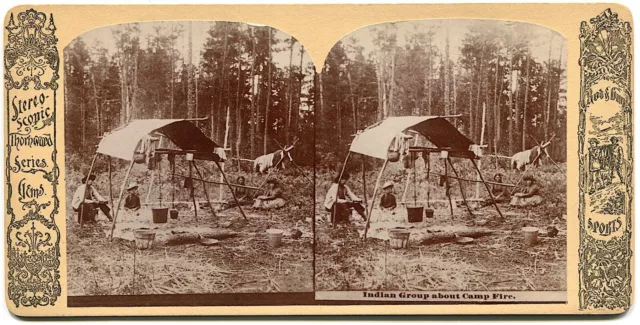 American Indian Group Around Campfire 1890s Thornward Series Stereoview Photo