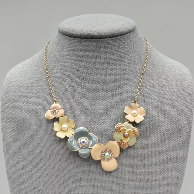 Lauren Conrad LC Necklace Enamel Flower Pendants Blue Pink Green Gold Tone 18"