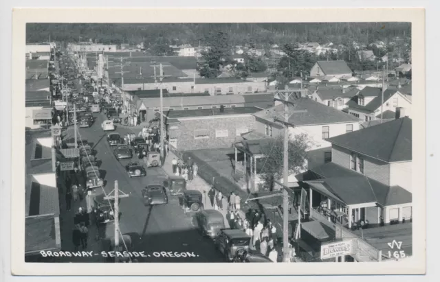 RPPC Seaside Oregon OR Broadway Street Scene Bicycles Rent Car Busy Real Photo