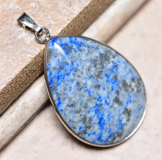Blue Pyrite Lapis Lazuli Jasper Natural Gemstone 1 3/4" Silver Pendant #022