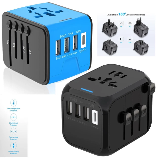 Universal International Travel Plug 4 USB Power Adapter Type C Worldwide 3.4A