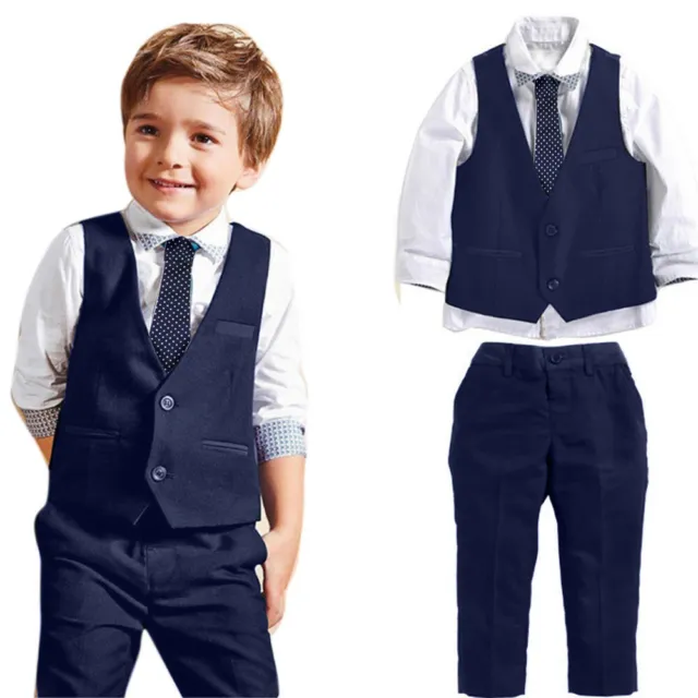 Boys Little Gentleman Formal Suits Shirts+Waistcoat+Long Pants+Tie Wedding Party