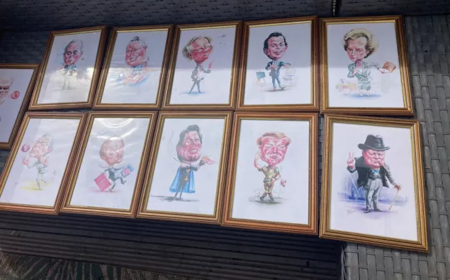 11 X  Caricature Prime Ministers Framed Prints Job lot By Eddie Brockwell