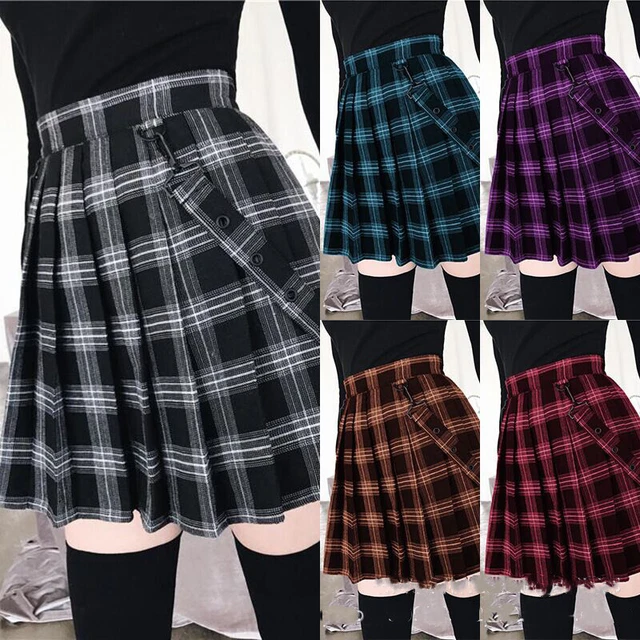 Women PlusSkirt w/ Gothic Punk Belt  Size Plaid Pleated Skirt High Waist Short