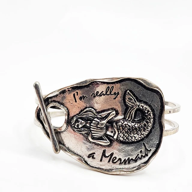 Inspirational I'm Really A Mermaid Silver Tone Metal Cuff Clamper Bracelet 7.25"