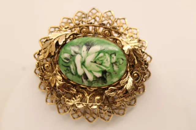 Beautiful Vintage Goldtone Green Hand-painted PORCELAIN Floral Inset Brooch Pin