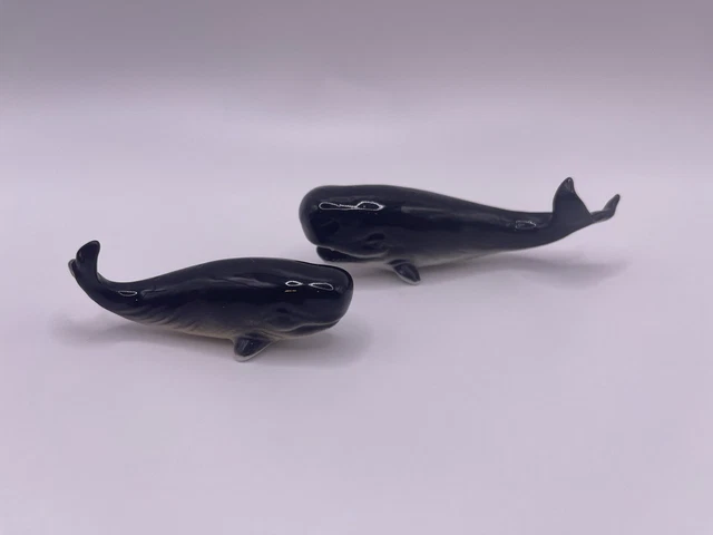 Vintage Miniature Humpback Whale Pair Porcelain Tiny Figurine Trinkets 2