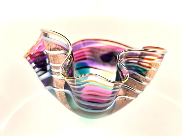 Scott And Laura Curry Hand Blown Art Glass Bowl 1997 Pink Purple Teal SIGNED