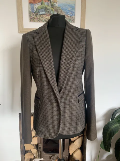 ZARA Checked WOOL Tweed Hacking Jacket Blazer Elbow Patches Size L - Houndstooth