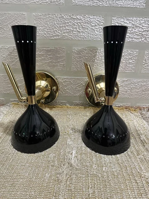1950 Mid Century Pair Glossy Black Brass Wall Scone Industrial Diabolo