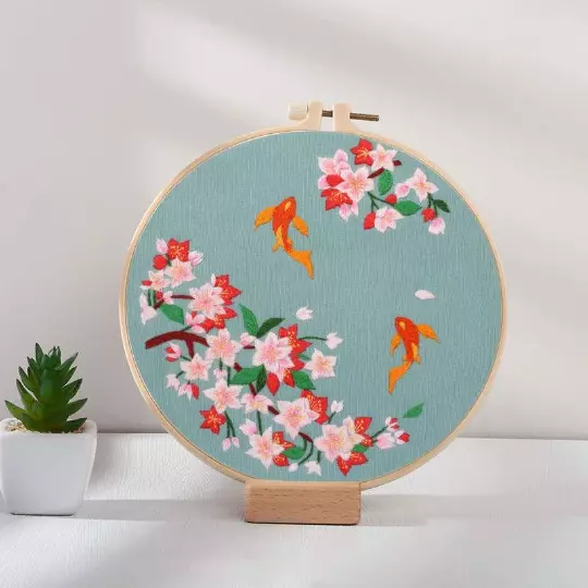 Blue and Pink Floral Koi Goldfish Embroidery Kit for Beginners Embroidery