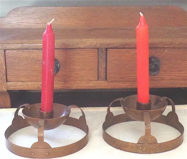 Pair Vintage Arts and Crafts Hand Wrought Copper Candle Holders VG