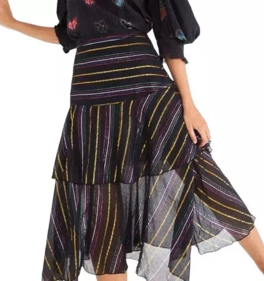 Farm Rio Womens Boho Multicolor Lurex Striped Tiered Cotton Midi Skirt Size S