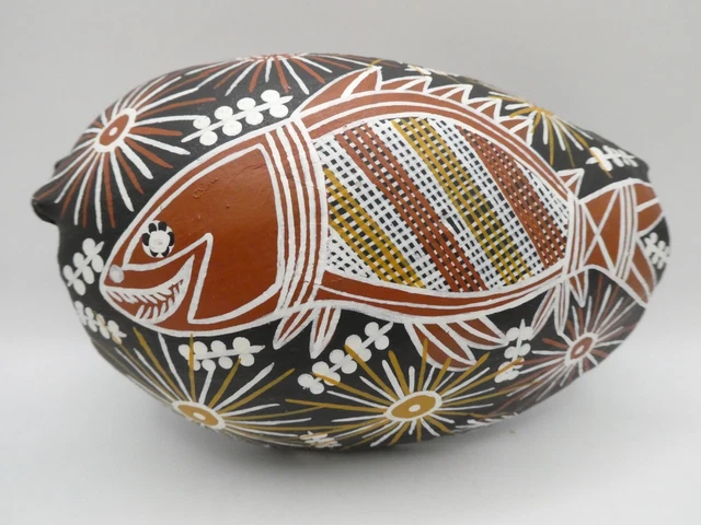 VINTAGE AUSTRALIAN HAND Painted Barramundi Aboriginal Art Shell Bowl ...