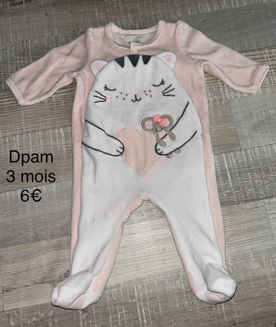 DPAM 3 MOIS : BABYGROS Pyjama Velours Rose Fille Chat TBE EUR 6,00