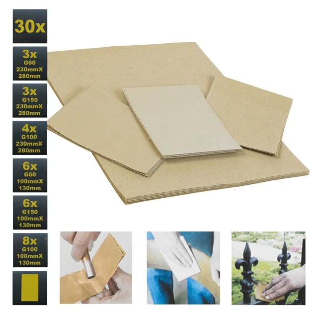 30 x Kinzo Wet & Dry Sandpaper Sheets Assorted Sizes Course Medium Fine Grits