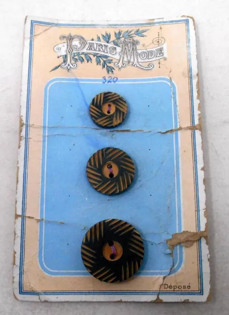 Lot de 3 Boutons anciens en Bois sur plaquette - Mercerie vintage