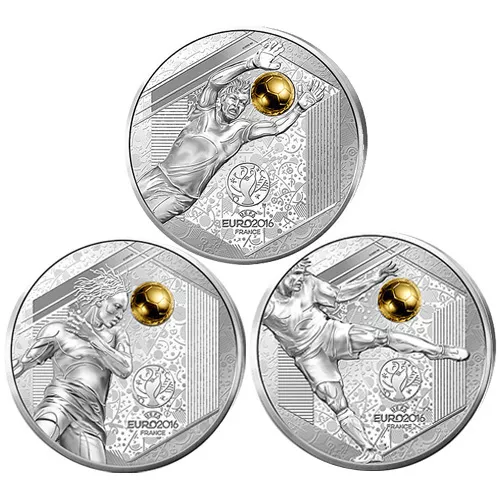 10 Euro Gedenkmünzen UEFA EURO 2016 Torwart Kopfball Volleyschuss 3er Set in PP