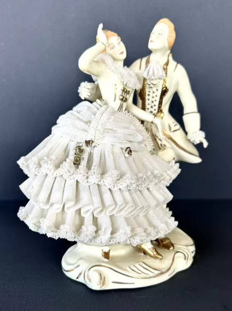 Vintage Wilhelm Rittirsch Dresden Lace Figurine Victorian Dancing Couple 7.5”H 2