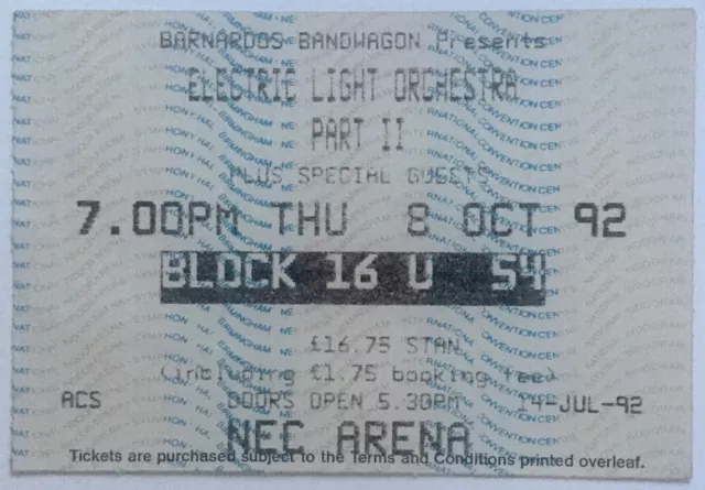 Electric Light Orchestra ELO Original Concert Ticket NEC Arena Birmingham 1992