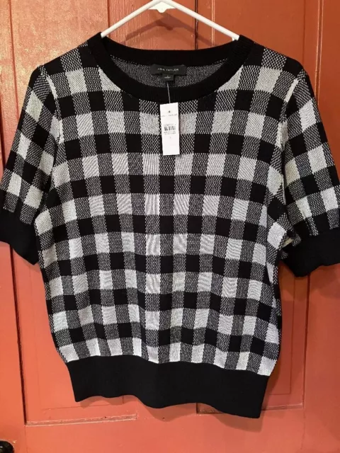 Ann Taylor Short Sleeve Sweater Black and White Windowpane/Checkered Small