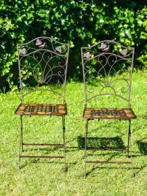 2x Gartenstuhl Paar Stuhl Bistrostuhl Schmiedeeisen Eisen antik Stil braun Stein