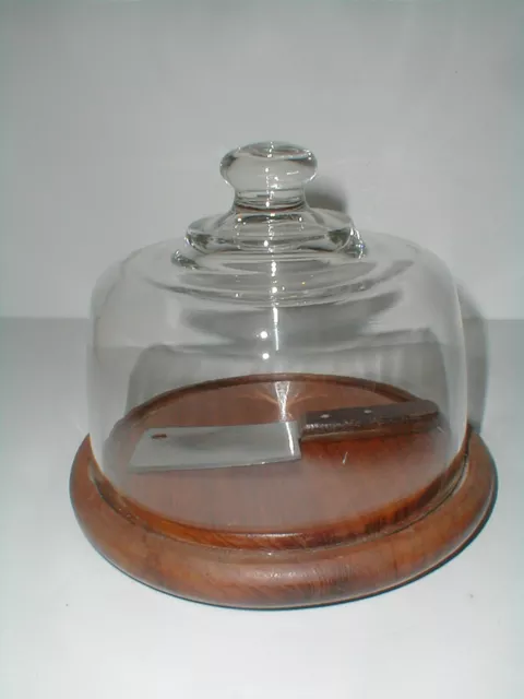Gailstyn-Sutton Glass Domed Cheese Dish w Teak Wood Base & Stainless Steel Knife