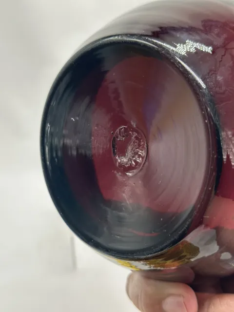 Art Glass Hand Blown Bowl Dish Pontil Mark On Flat Bottom Deep Red Purple