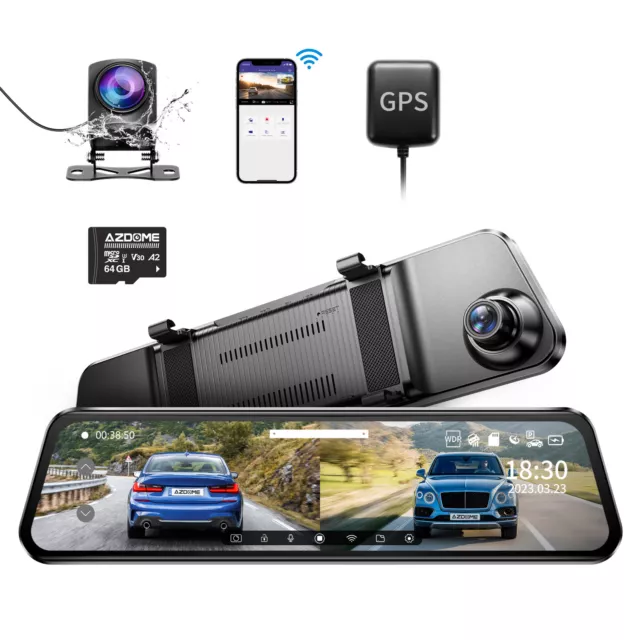 AZDOME Dash Cam 2K+1080P Front Rear GPS Car DVR Rear View Camera Mirror Recorder