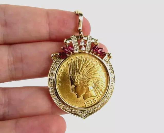 3.00 Ct 1915 US Ten Dollar Indian Head Coin Pendant Chain 14K Yellow Gold Plated