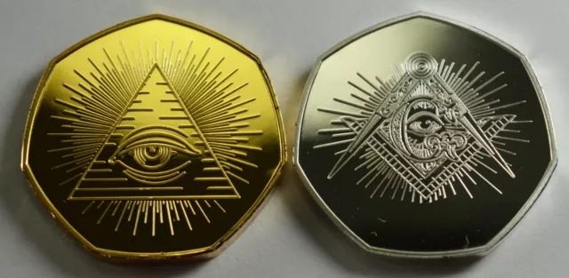 2 x FREEMASONS, MASONIC Gold & Silver Collectors Tokens. Illuminati, Compasses G