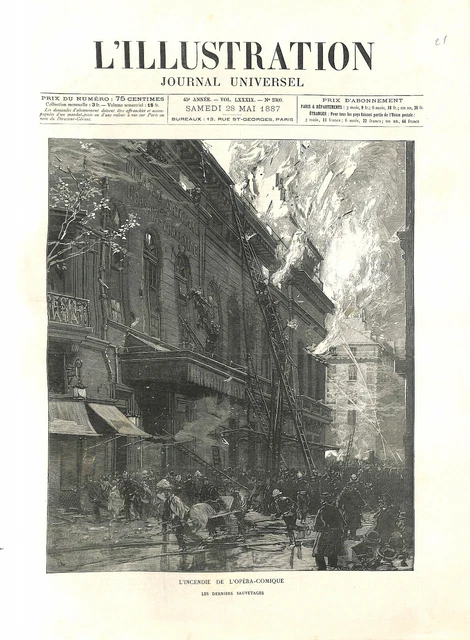 Incendie de l'Opéra-Comique à Paris. le sauvetage par les pompiers GRAVURE 1887