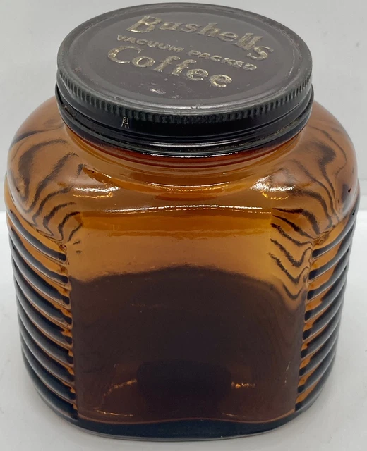 VINTAGE AUSTRALIAN BUSHELLS Vacuum Packed COFFEE AMBER RIBBED GLASS JAR