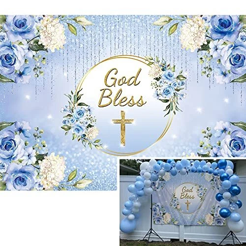 Sfondo Prima Comunione 2.1x1.5 M - Design Blu Con Calice, Colombe E Fiori, Per Foto E Feste