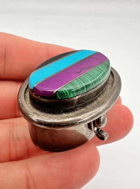 VTG MODERNIST TAXCO MEXICO STERLING SILVER MULIT GEMSTONE PILL TRINKET BOX 34g