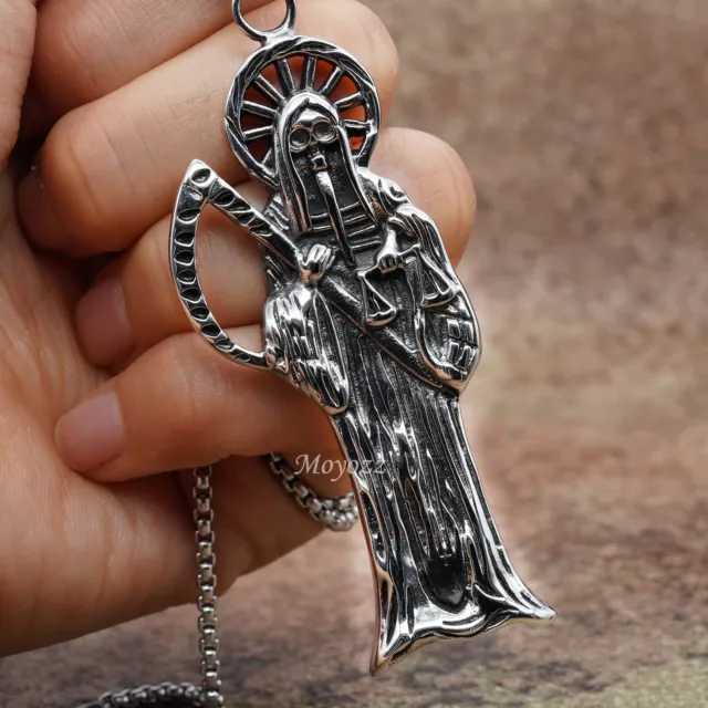 Stainless Steel Santa Muerte Holy Death Grim Reaper Pendent Chain Necklace Gift