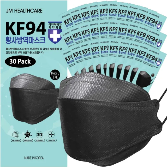 【 30 Pack 】 JM Healthcare  KF94 Certified Black Face Mask, 100% Made in Korea