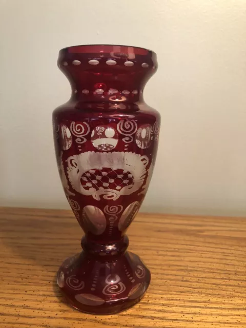 ANTIQUE 1870s CASTLE GROUSE RUBY RED BOHEMIAN VASE6.5” CUT TO CRYSTAL CZECH RARE