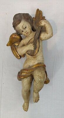 Carved, Painted Wood Angel/Cherub w/ Musical Instrument - Europe, Antique