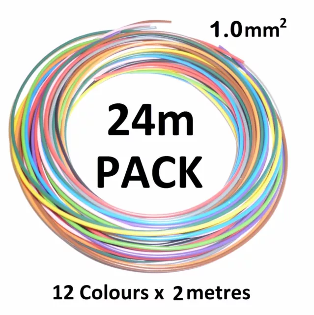 1mm THIN WALL COPPER CORE AUTO CABLE 16.5A - 12 Colours - 24 metres (12 x 2m)