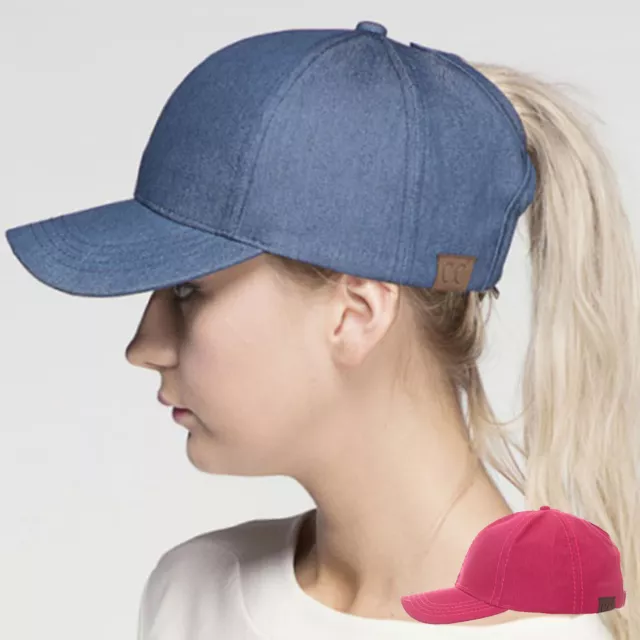 C.C Exclusive CC Women Solid Color Denim Ponytail Messy Bun Baseball Cap Hat