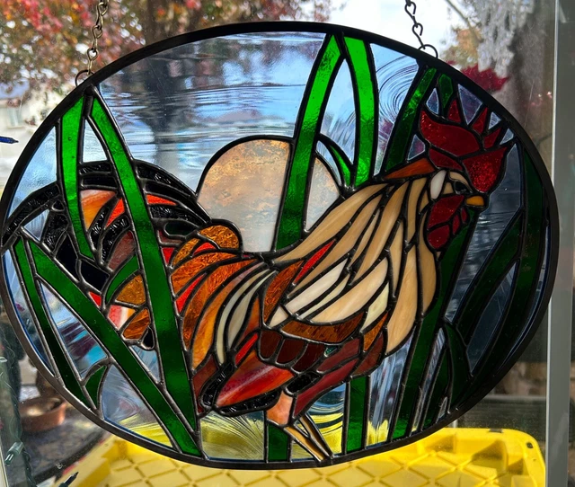 Rooster Stained Glass Handmade Suncatcher, 14 1/2"x 12" Oval